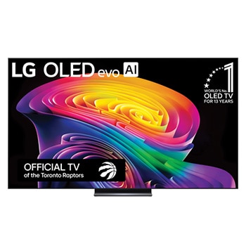The front view of the LG OLED evo AI C6, released in 2026, displays an image of layered, multicolored forms, featuring Hyper Radiant Color Tech, Perfect Black & Perfect Color, along with the World’s No.1 OLED TV for 13 Years badge.