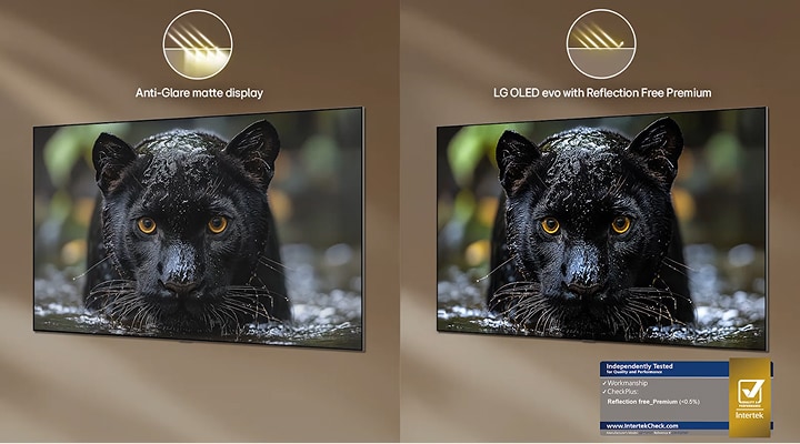 LG OLED evo AI G6 with Reflection Free Premium shows a side-by-side comparison against an anti-glare matte display, keeping the black jaguar image clear with deep blacks and fine texture, especially in bright environments, with an Intertek certification mark shown.