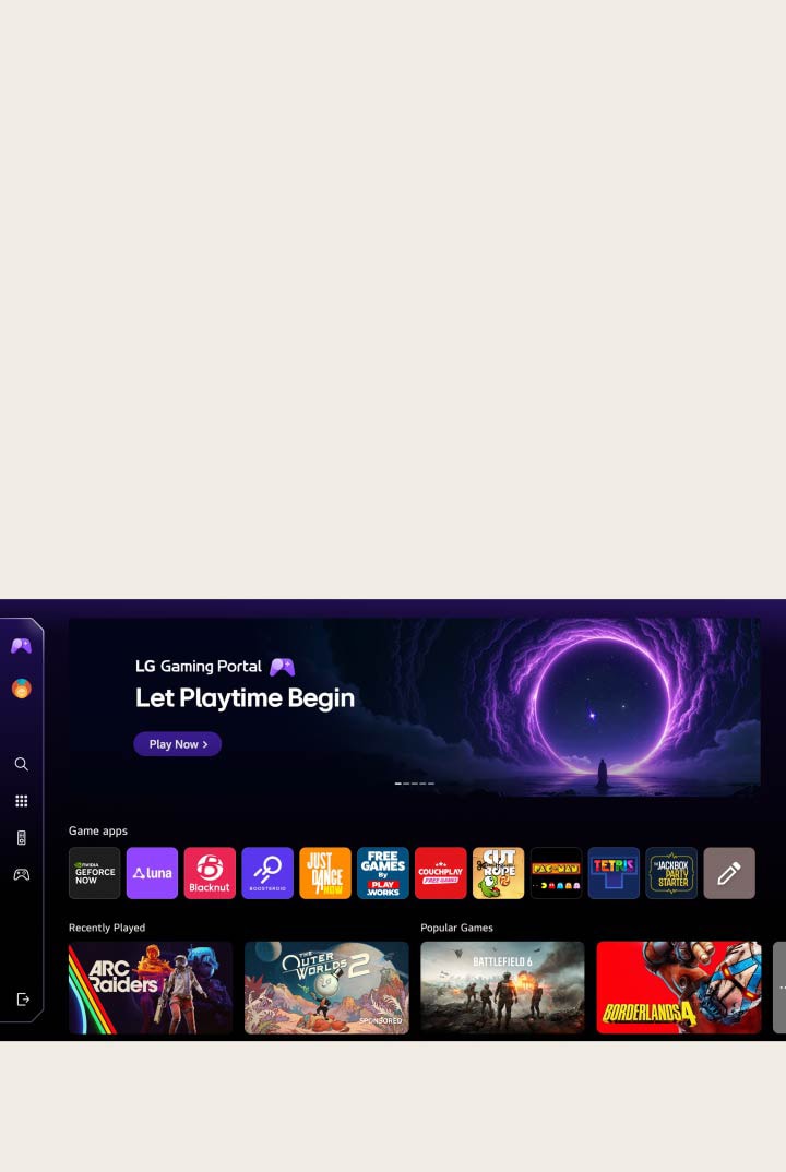LG OLED evo AI G6 displays the LG Gaming Portal on the webOS screen, showing a gaming hub with a one-step interface that provides access to multiple game apps via cloud gaming services such as NVIDIA GeForce NOW and webOS apps.