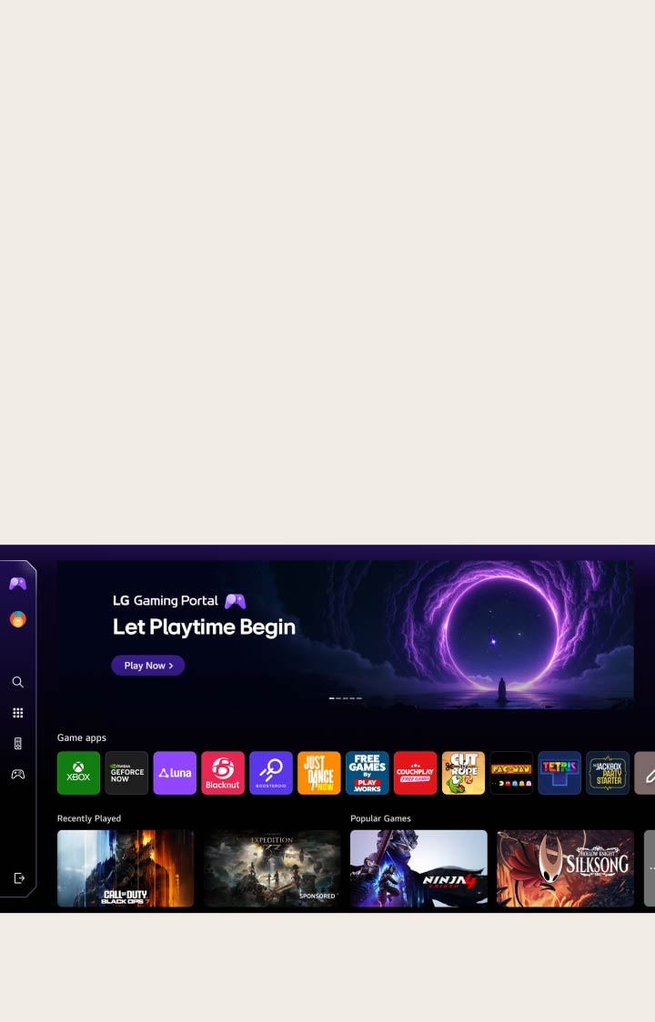 LG QNED evo AI Mini LED QNED82 features the LG Gaming Portal with a gaming hub layout, combining featured content and game tiles in a unified interface that expands to provide access to Xbox Cloud Gaming, GeForce NOW and webOS game apps.