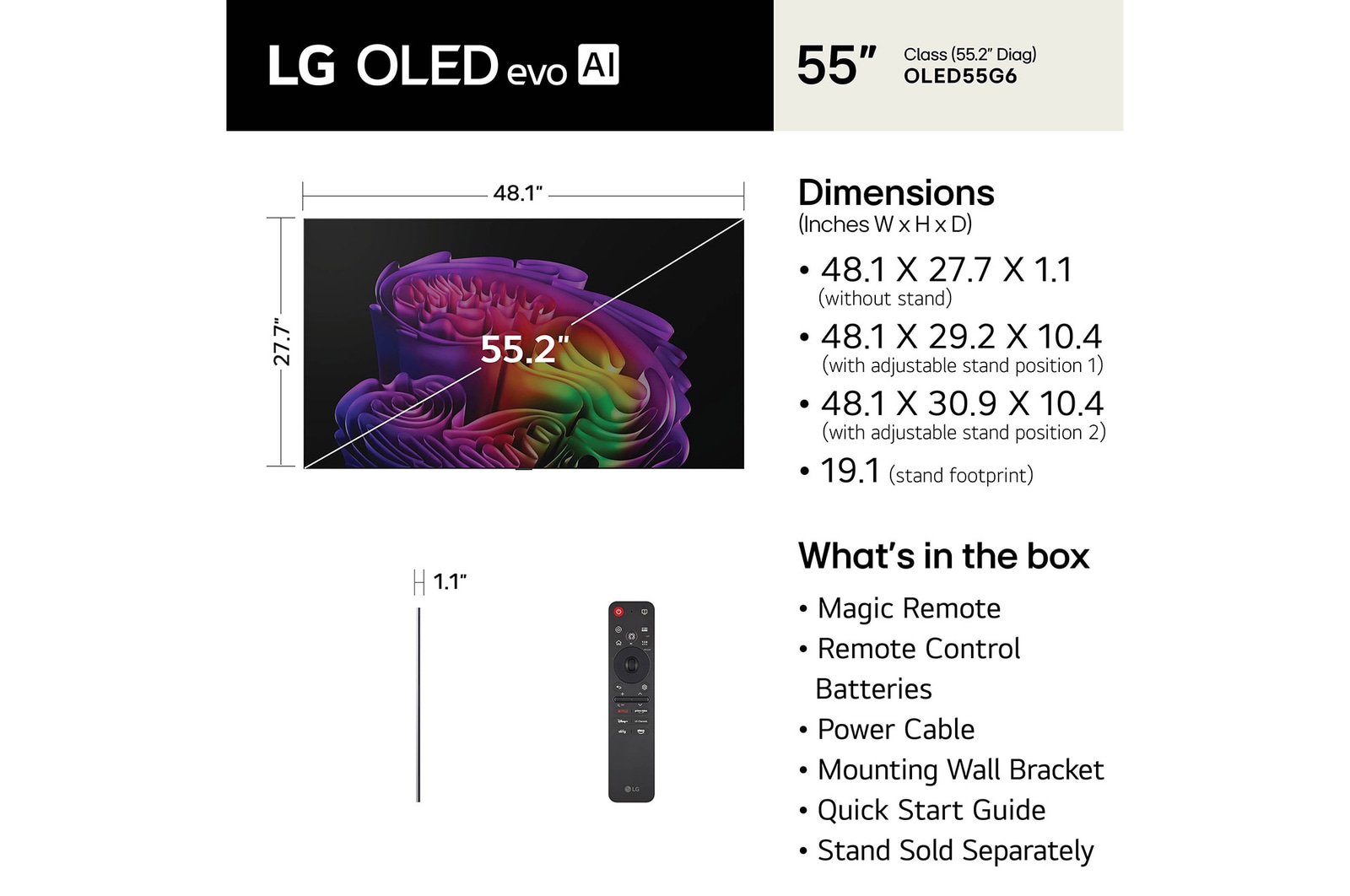 LG OLED evo AI G6 shown in front and side views highlights a 55-inch display with a 1222 mm-wide screen, 703 mm screen height, 787 mm height with stand, a 27.2 mm depth, and a stand footprint measuring 485 by 263 mm.
