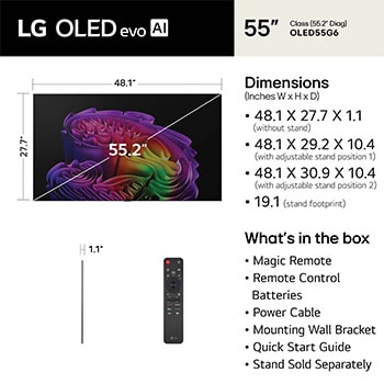 LG OLED evo AI G6 shown in front and side views highlights a 55-inch display with a 1222 mm-wide screen, 703 mm screen height, 787 mm height with stand, a 27.2 mm depth, and a stand footprint measuring 485 by 263 mm.
