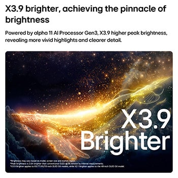 LG OLED evo AI G6 with Brightness Booster Ultra shows a dark scene where a brightly illuminated whale silhouette stands out amid glowing particles, delivering 3.9x Brighter luminance with clearer detail.