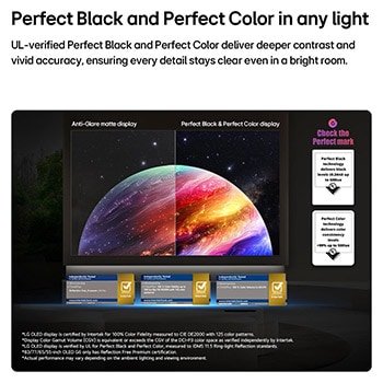 LG OLED evo AI G6 shows a split-screen planet-and-stars scene, comparing an anti-glare matte display with its Perfect Black & Perfect Color display for clearer picture quality in any light, supported by UL certification and Intertek certifications for color accuracy and Reflection-Free.