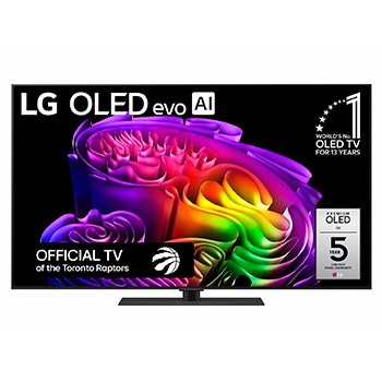 The front view of LG OLED evo AI G6, released in 2026, features a slim black bezel, with a vivid, sculptural image of richly layered, multicolored forms filling the screen.