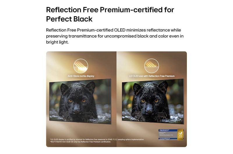 LG OLED evo AI G6 with Reflection Free Premium shows a side-by-side comparison against an anti-glare matte display, keeping the black jaguar image clear with deep blacks and fine texture, especially in bright environments, with an Intertek certification mark shown.