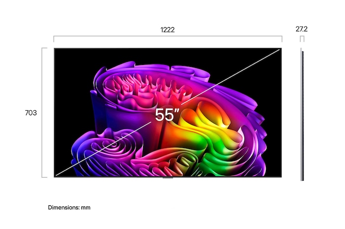 LG OLED evo AI G6 shown in front and side views highlights a 55-inch display with a 1222 mm-wide screen, 703 mm screen height, 787 mm height with stand, a 27.2 mm depth, and a stand footprint measuring 485 by 263 mm.