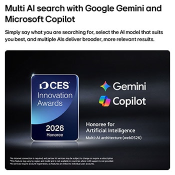 The 2026 CES Innovation Awards Honoree badge in the Artificial Intelligence category recognizes Multi-AI search with Google Gemini and Microsoft Copilot.
