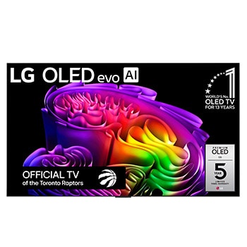 The front view of LG OLED evo AI G6, released in 2026, features a slim black bezel, with a vivid, sculptural image of richly layered, multicolored forms filling the screen.