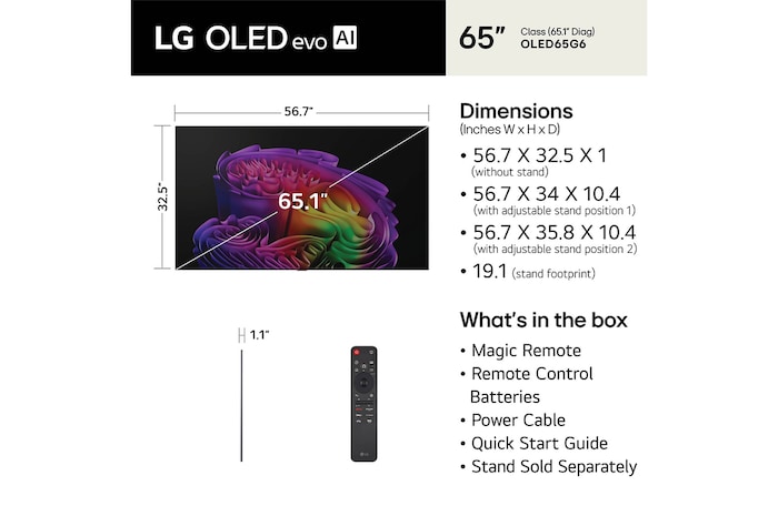 LG OLED evo AI G6 shown in front and side views highlights a 65-inch display with a 1441 mm-wide screen, 826 mm screen height, 910 mm height with stand, a 24.3 mm depth, and a stand footprint measuring 485 by 263 mm.