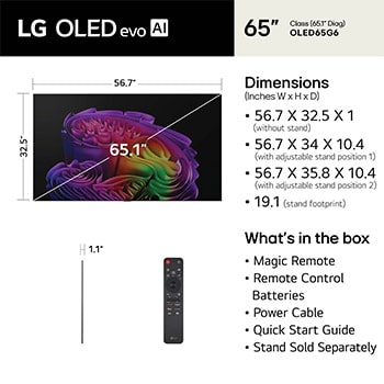LG OLED evo AI G6 shown in front and side views highlights a 65-inch display with a 1441 mm-wide screen, 826 mm screen height, 910 mm height with stand, a 24.3 mm depth, and a stand footprint measuring 485 by 263 mm.