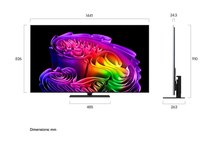 LG OLED evo AI G6 shown in front and side views highlights a 65-inch display with a 1441 mm-wide screen, 826 mm screen height, 910 mm height with stand, a 24.3 mm depth, and a stand footprint measuring 485 by 263 mm.