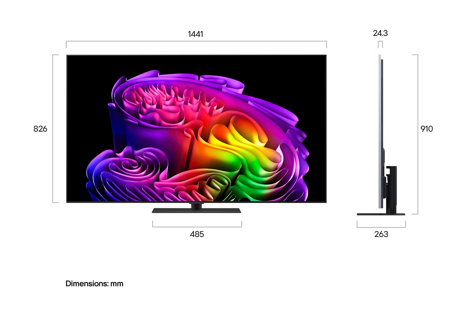 LG OLED evo AI G6 shown in front and side views highlights a 65-inch display with a 1441 mm-wide screen, 826 mm screen height, 910 mm height with stand, a 24.3 mm depth, and a stand footprint measuring 485 by 263 mm.