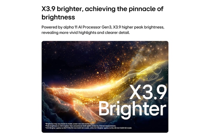 LG OLED evo AI G6 with Brightness Booster Ultra shows a dark scene where a brightly illuminated whale silhouette stands out amid glowing particles, delivering 3.9x Brighter luminance with clearer detail.