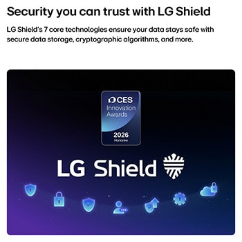 LG Shield, applied to LG OLED evo AI G6, is shown with an LG Shield logo at the center, security icons below, and a 2026 CES Innovation Awards Honoree badge above, representing data and system protection.
