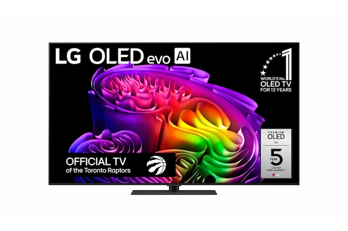 The front view of LG OLED evo AI G6, released in 2026, features a slim black bezel, with a vivid, sculptural image of richly layered, multicolored forms filling the screen.
