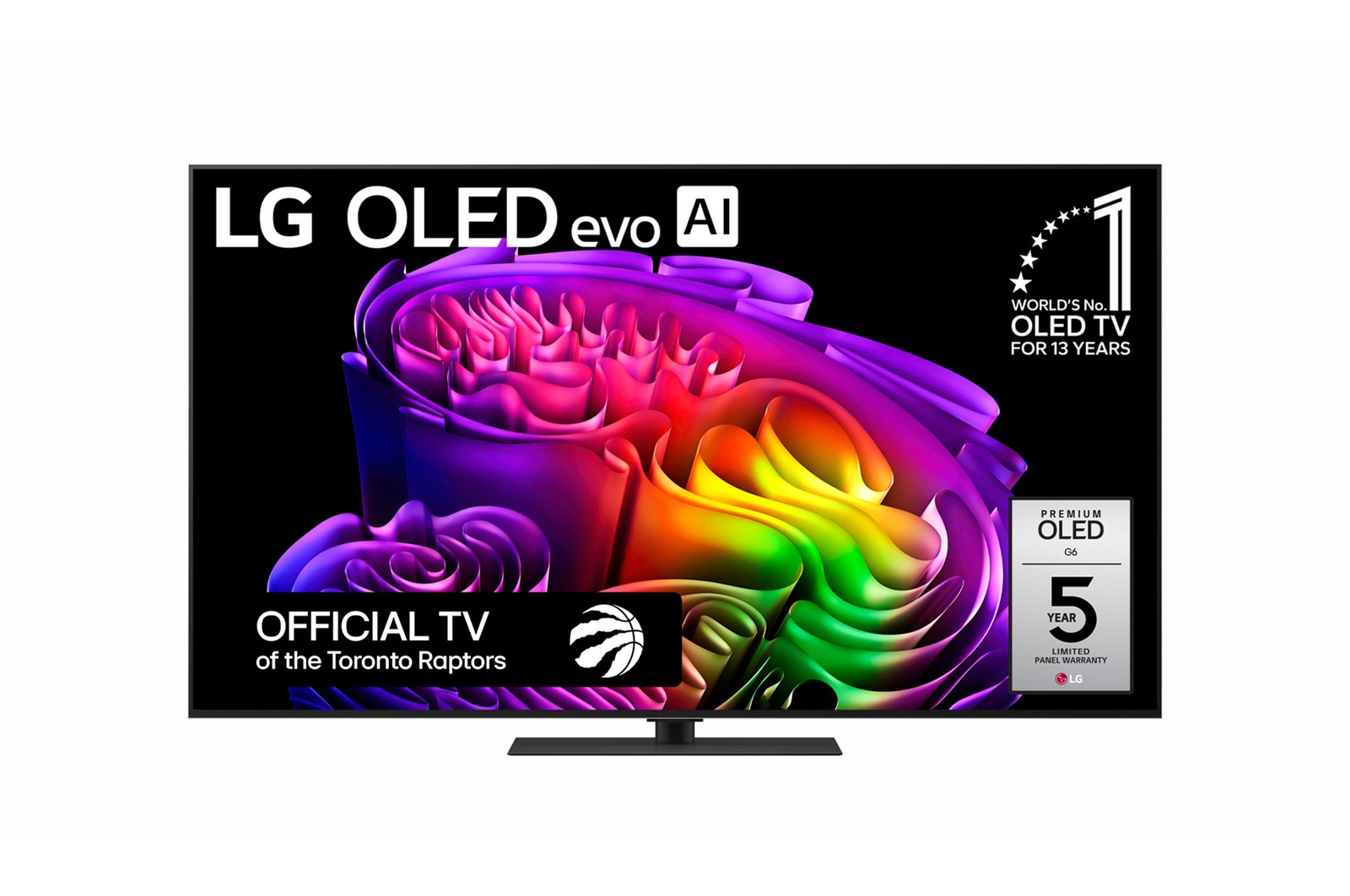 The front view of LG OLED evo AI G6, released in 2026, features a slim black bezel, with a vivid, sculptural image of richly layered, multicolored forms filling the screen.
