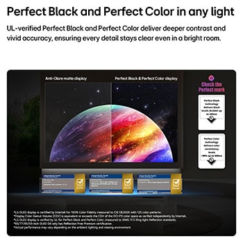 LG OLED evo AI G6 shows a split-screen planet-and-stars scene, comparing an anti-glare matte display with its Perfect Black & Perfect Color display for clearer picture quality in any light, supported by UL certification and Intertek certifications for color accuracy and Reflection-Free.