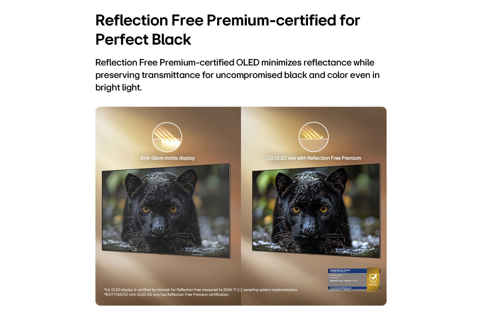 LG OLED evo AI G6 with Reflection Free Premium shows a side-by-side comparison against an anti-glare matte display, keeping the black jaguar image clear with deep blacks and fine texture, especially in bright environments, with an Intertek certification mark shown.