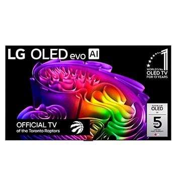 The front view of LG OLED evo AI G6, released in 2026, features a slim black bezel, with a vivid, sculptural image of richly layered, multicolored forms filling the screen.