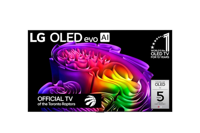 The front view of LG OLED evo AI G6, released in 2026, features a slim black bezel, with a vivid, sculptural image of richly layered, multicolored forms filling the screen.