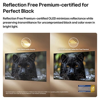 LG OLED evo AI G6 with Reflection Free Premium shows a side-by-side comparison against an anti-glare matte display, keeping the black jaguar image clear with deep blacks and fine texture, especially in bright environments, with an Intertek certification mark shown.