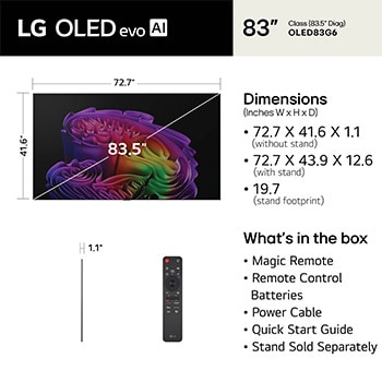 LG OLED evo AI G6 shown in front and side views highlights an 83-inch display with a 1847 mm-wide screen, 1057 mm screen height, 1115 mm height with stand, a 28 mm depth, and a stand footprint measuring 501 by 321 mm.