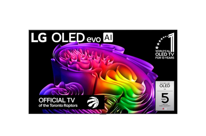 The front view of LG OLED evo AI G6, released in 2026, features a slim black bezel, with a vivid, sculptural image of richly layered, multicolored forms filling the screen.