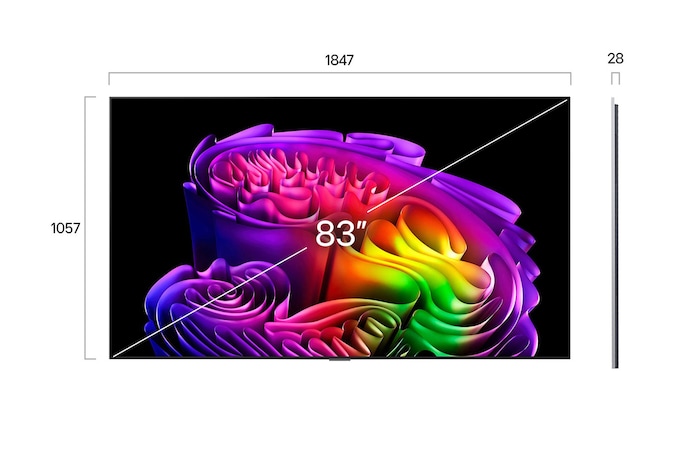 LG OLED evo AI G6 shown in front and side views highlights an 83-inch display with a 1847 mm-wide screen, 1057 mm screen height, 1115 mm height with stand, a 28 mm depth, and a stand footprint measuring 501 by 321 mm.