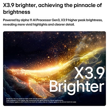 LG OLED evo AI G6 with Brightness Booster Ultra shows a dark scene where a brightly illuminated whale silhouette stands out amid glowing particles, delivering 3.9x Brighter luminance with clearer detail.