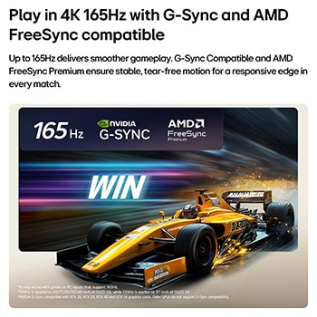 LG OLED evo AI G6 for Unbeatable Gameplay in 4K 165Hz shows a high-speed racing game with a yellow open-wheel car in motion, bold “WIN” text on screen, and NVIDIA G-SYNC and AMD FreeSync Premium logos at the top.