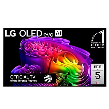 The front view of LG OLED evo AI G6, released in 2026, features a slim black bezel, with a vivid, sculptural image of richly layered, multicolored forms filling the screen.