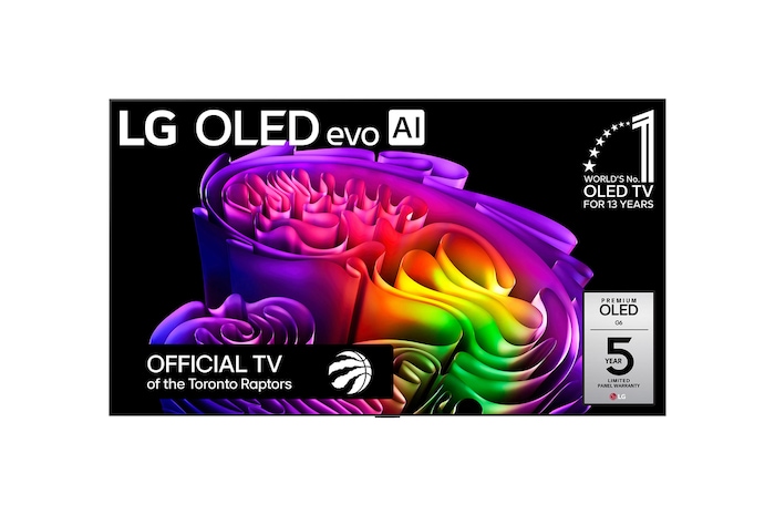 The front view of LG OLED evo AI G6, released in 2026, features a slim black bezel, with a vivid, sculptural image of richly layered, multicolored forms filling the screen.