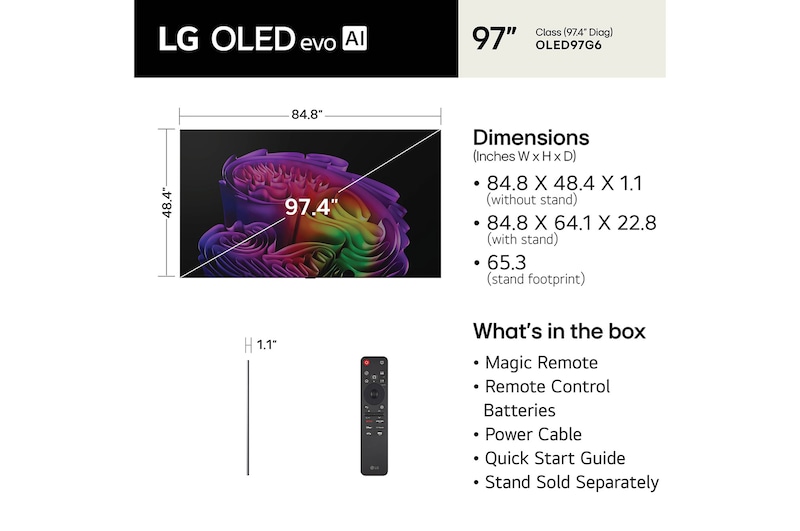 LG OLED evo AI G6 shown in front and side views highlights an 83-inch display with a 1847 mm-wide screen, 1057 mm screen height, 1115 mm height with stand, a 28 mm depth, and a stand footprint measuring 501 by 321 mm.