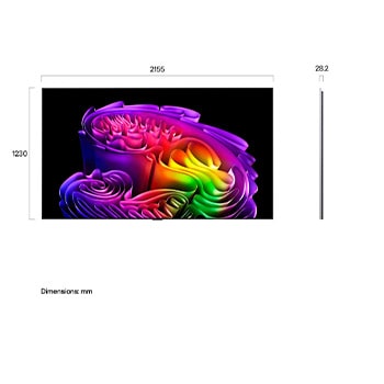 LG OLED evo AI G6 shown in front and side views highlights an 83-inch display with a 1847 mm-wide screen, 1057 mm screen height, 1115 mm height with stand, a 28 mm depth, and a stand footprint measuring 501 by 321 mm.