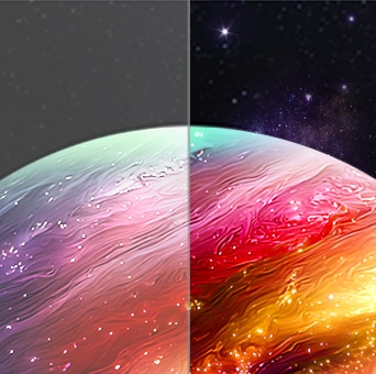 LG OLED evo AI W6 Wallpaper TV, featuring Perfect Black & Perfect Color with Reflection Free, shows a split planetary scene contrasting weaker blacks on the left with clearer detail, deeper blacks, and more vivid color expression on the right.