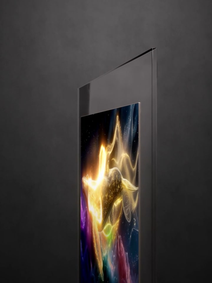 LG OLED evo AI W6 Wallpaper TV features an ultra-thin profile seamlessly integrated against a sleek glass panel, displaying a luminous gold abstract whale image on screen.