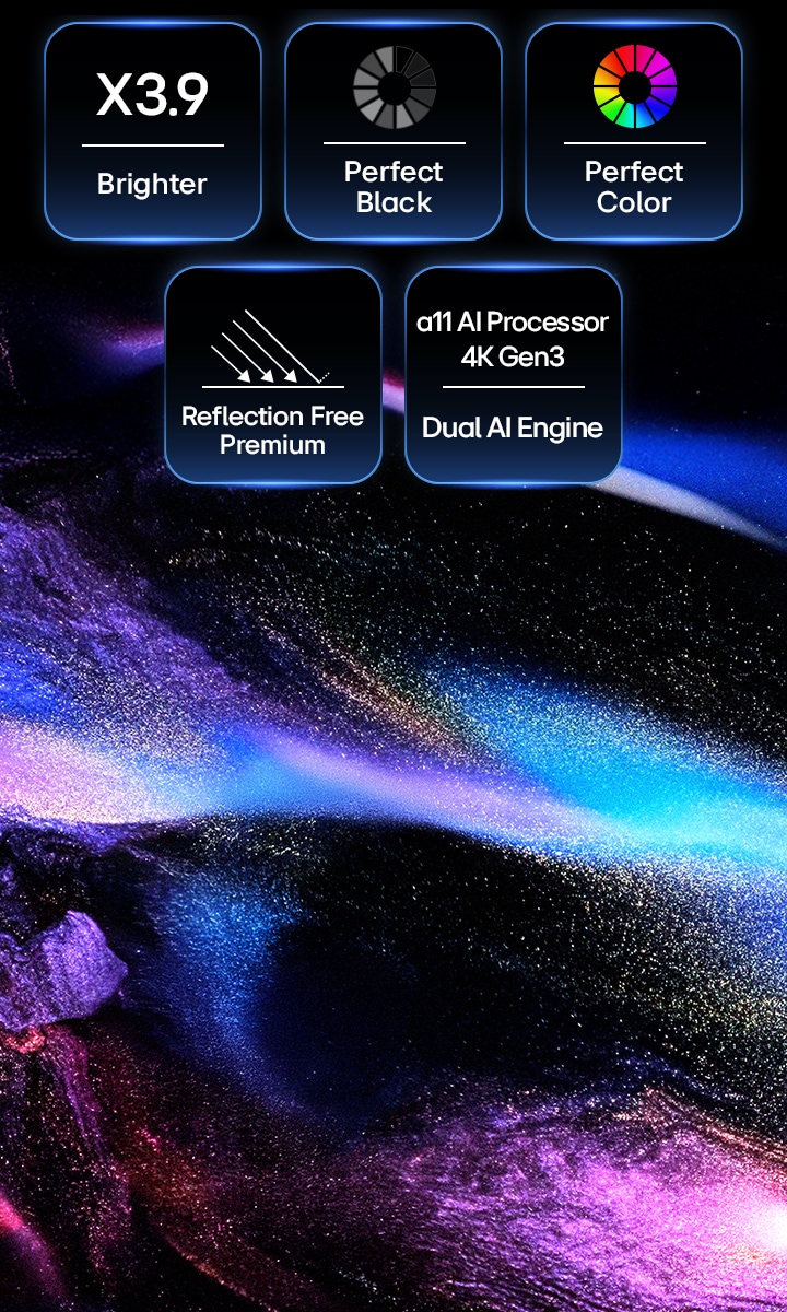 LG OLED evo W6 displays on-screen icons for 3.9x Brighter peak brightness, Perfect Black and Perfect Color, Reflection Free Premium, and alpha 11 AI Processor 4K Gen3 above a cosmic burst of purple and blue particles forming a whale shape.