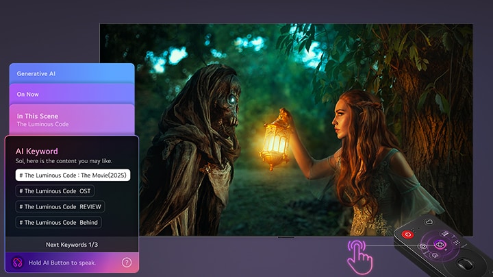LG OLED evo AI W6 Wallpaper TV with AI Concierge shows an AI-based menu overlay on the left side of the movie screen, displaying scene-based content suggestions and AI keywords such as OST and reviews, accessed by a short remote press.