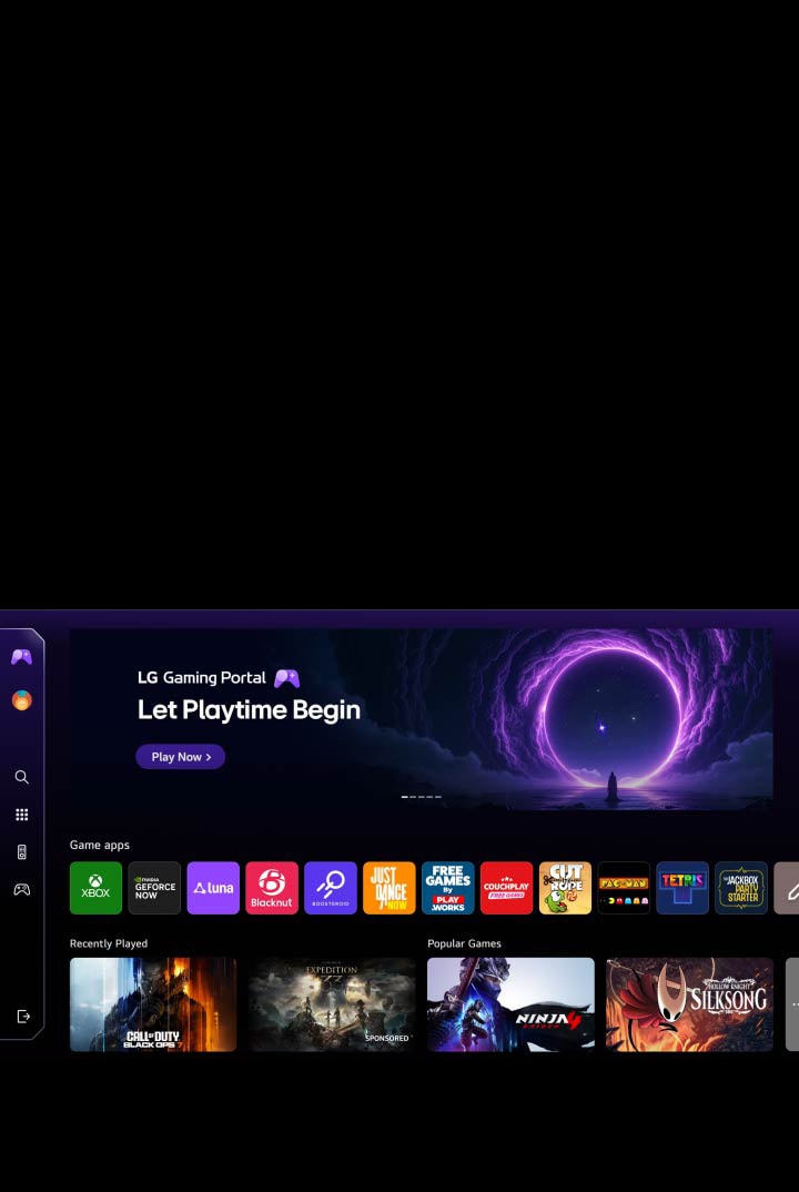 LG OLED evo AI W6 Wallpaper TV displays the LG Gaming Portal on the webOS screen, showing a gaming hub with a one-step interface that provides access to multiple game apps via cloud gaming services such as NVIDIA GeForce NOW and webOS apps.