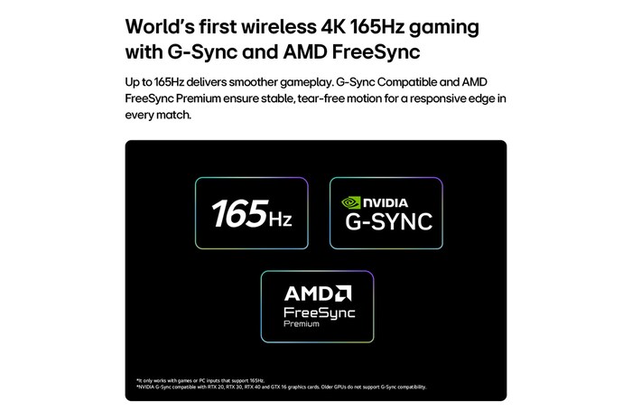 LG OLED evo AI W6 Wallpaper TV for Unbeatable Gameplay in 4K 165Hz shows a high-speed racing game with a yellow open-wheel car in motion, bold “WIN” text on screen, and NVIDIA G-SYNC and AMD FreeSync Premium logos at the top.