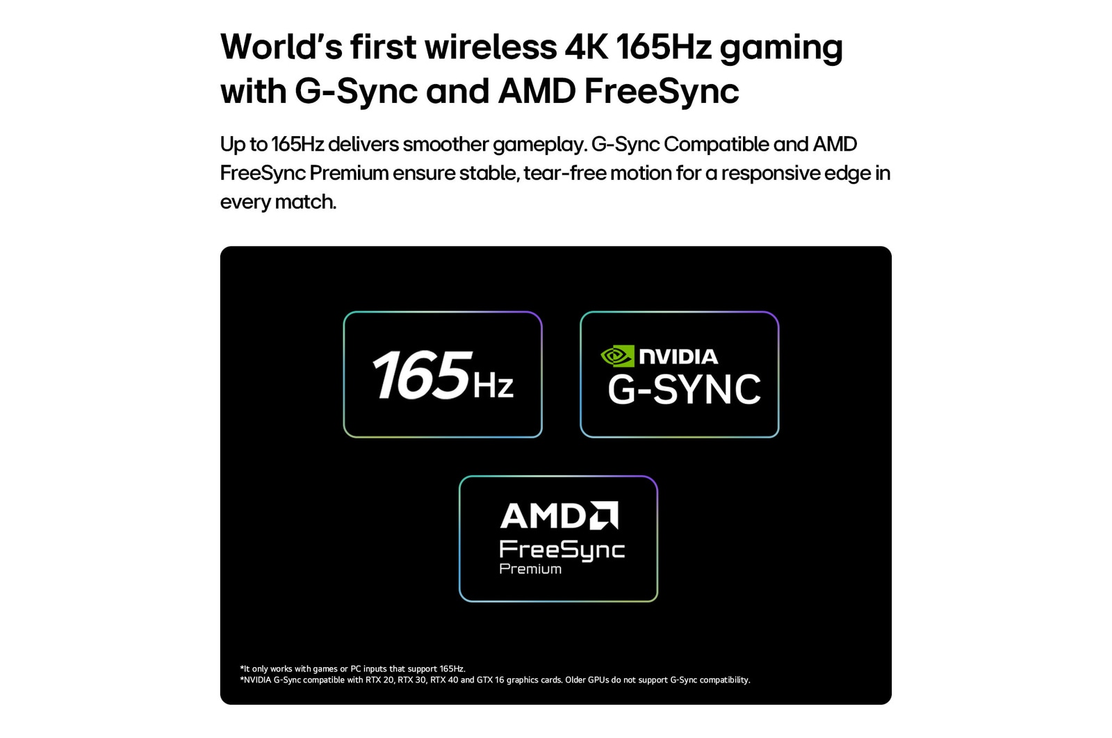 LG OLED evo AI W6 Wallpaper TV for Unbeatable Gameplay in 4K 165Hz shows a high-speed racing game with a yellow open-wheel car in motion, bold “WIN” text on screen, and NVIDIA G-SYNC and AMD FreeSync Premium logos at the top.