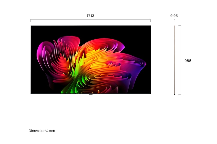 LG OLED evo AI W6 Wallpaper TV shown in front and side views highlights a 77-inch display with a 1713 mm-wide screen, an overall height of 988 mm, and an ultra-slim 9.95 mm depth without a stand.