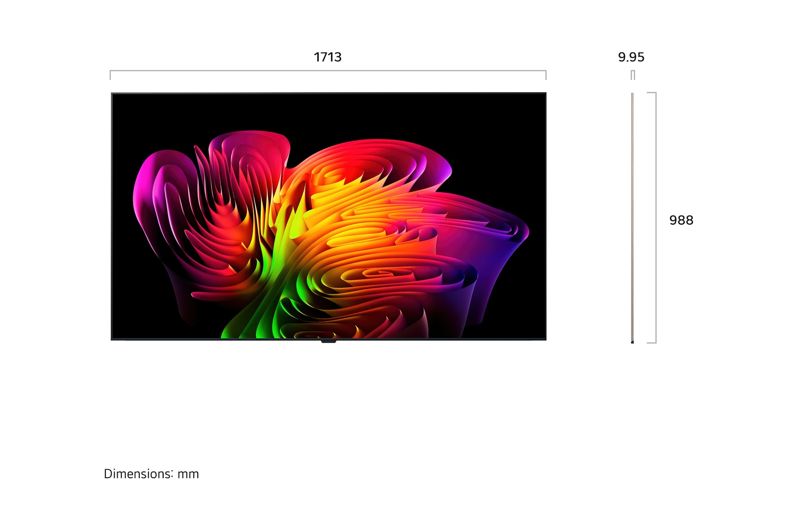LG OLED evo AI W6 Wallpaper TV shown in front and side views highlights a 77-inch display with a 1713 mm-wide screen, an overall height of 988 mm, and an ultra-slim 9.95 mm depth without a stand.