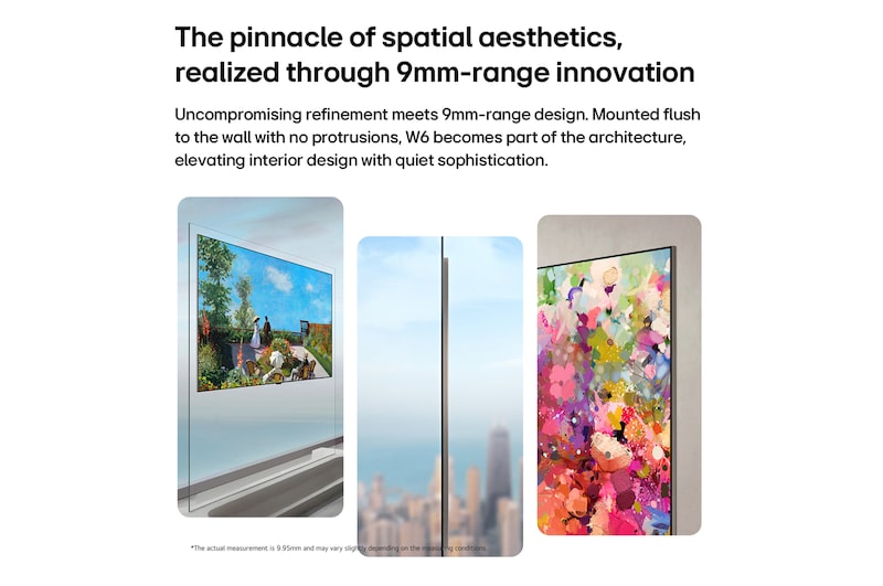 LG OLED evo AI W6 Wallpaper TV Flush Fit with Zero Gap is shown mounted flat with no visible separation, presented in multiple angled views that highlight its slim side profile, high picture quality, and clean cable-free display.
