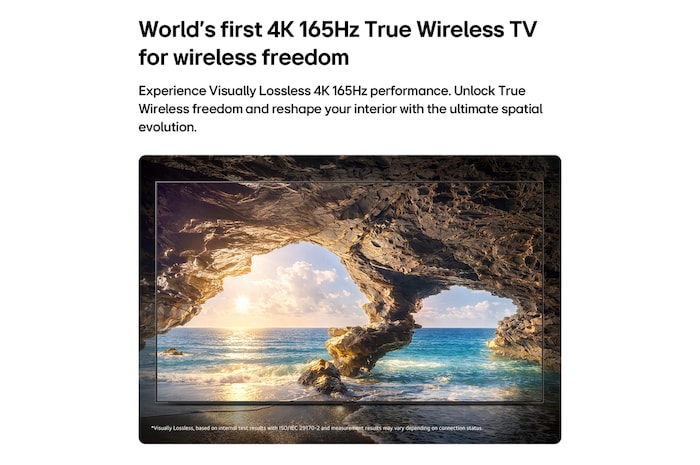 LG OLED evo AI W6 Wallpaper TV with Visually Lossless performance displays a sunlit ocean cave scene in 4K 165Hz, preserving fine detail, natural color, and smooth motion wirelessly.