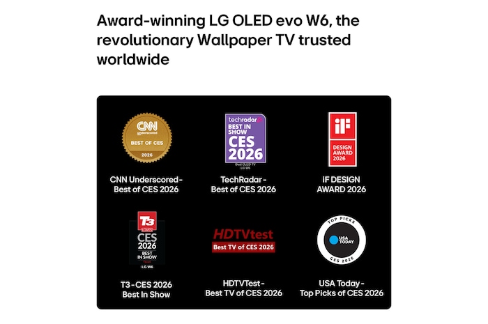 LG OLED evo AI W6 Wallpaper TV highlights its industry recognition with five on-screen award badges from CNN underscored, TechRadar, iF design award, T3, HDTVTest, and USA Today, reinforcing its global acclaim and leadership at CES 2026.