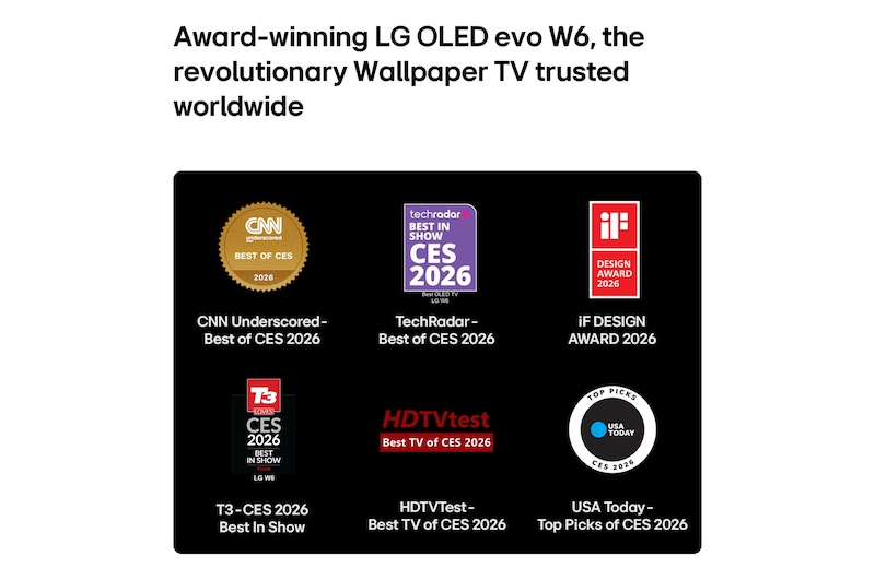LG OLED evo AI W6 Wallpaper TV highlights its industry recognition with five on-screen award badges from CNN underscored, TechRadar, iF design award, T3, HDTVTest, and USA Today, reinforcing its global acclaim and leadership at CES 2026.