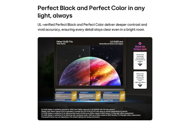 LG OLED evo AI W6 Wallpaper TV shows a split-screen planet-and-stars scene, comparing an anti-glare matte display with its Perfect Black & Perfect Color display for clearer picture quality in any light, supported by UL certification and Intertek certifications for color accuracy and Reflection-Free.
