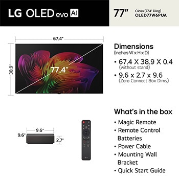 LG OLED evo AI W6 Wallpaper TV shown in front and side views highlights a 77-inch display with a 1713 mm-wide screen, an overall height of 988 mm, and an ultra-slim 9.95 mm depth without a stand.